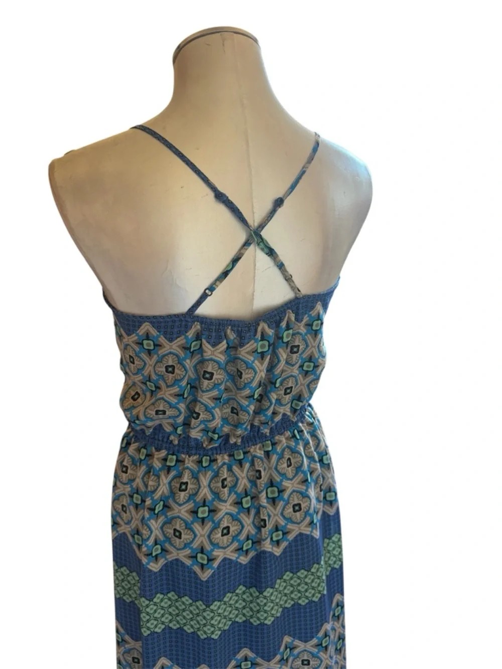 Banana Republic Blue & Aqua Geometric Maxi Dress Spaghetti Strap Size 10 - Picture 4 of 15